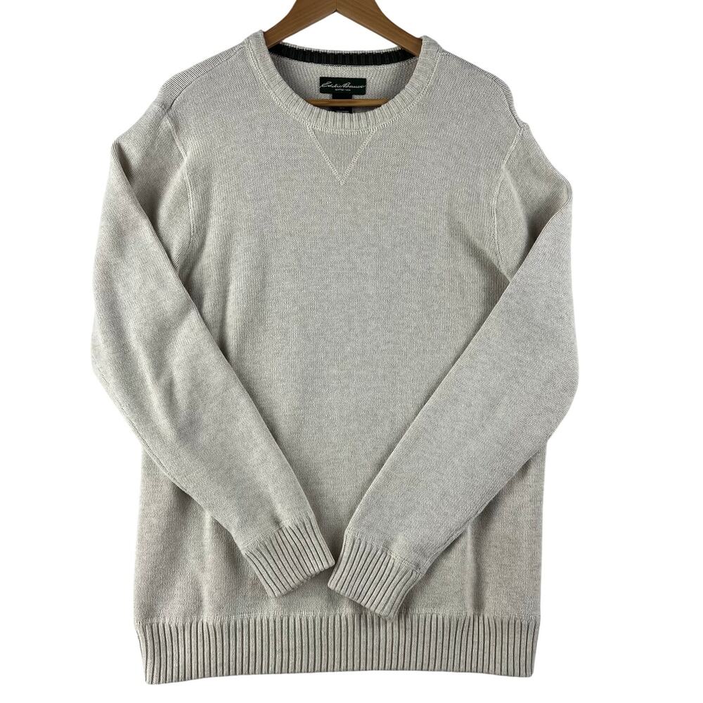 Eddie Bauer Mens 100% Combed Cotton Crewneck Sweater SZ L Oatmeal Beige Pullover